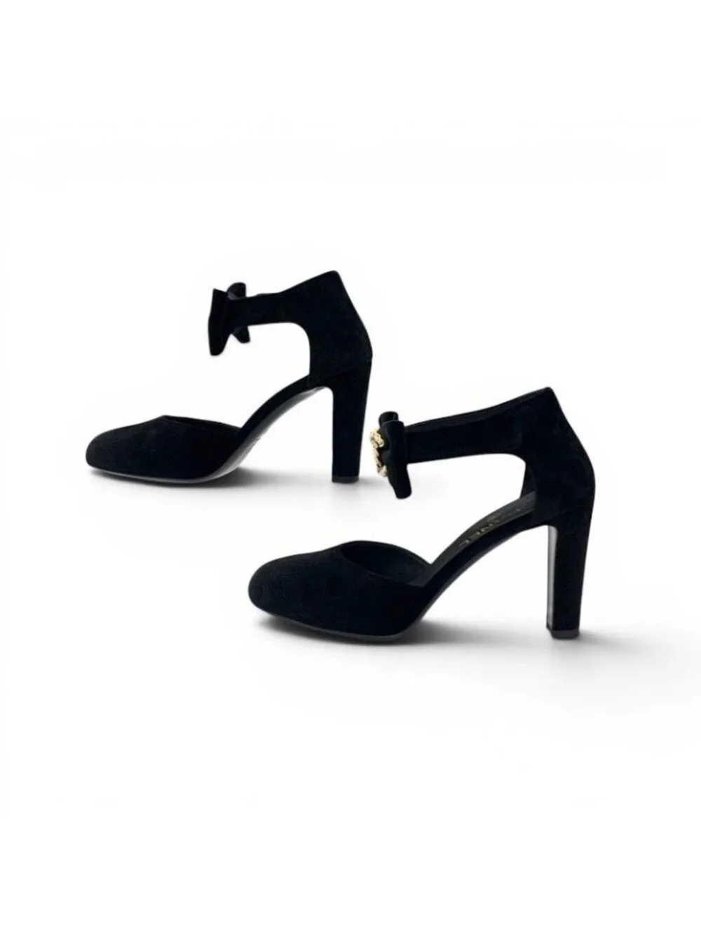 Chanel Pumps Shoes Velour Black Gold CC Logo Ribbon Pearl Velcro Strap